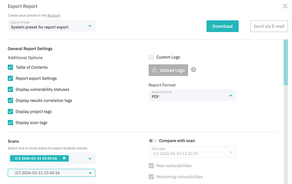 Export Report, General settings with the correlation tags option
