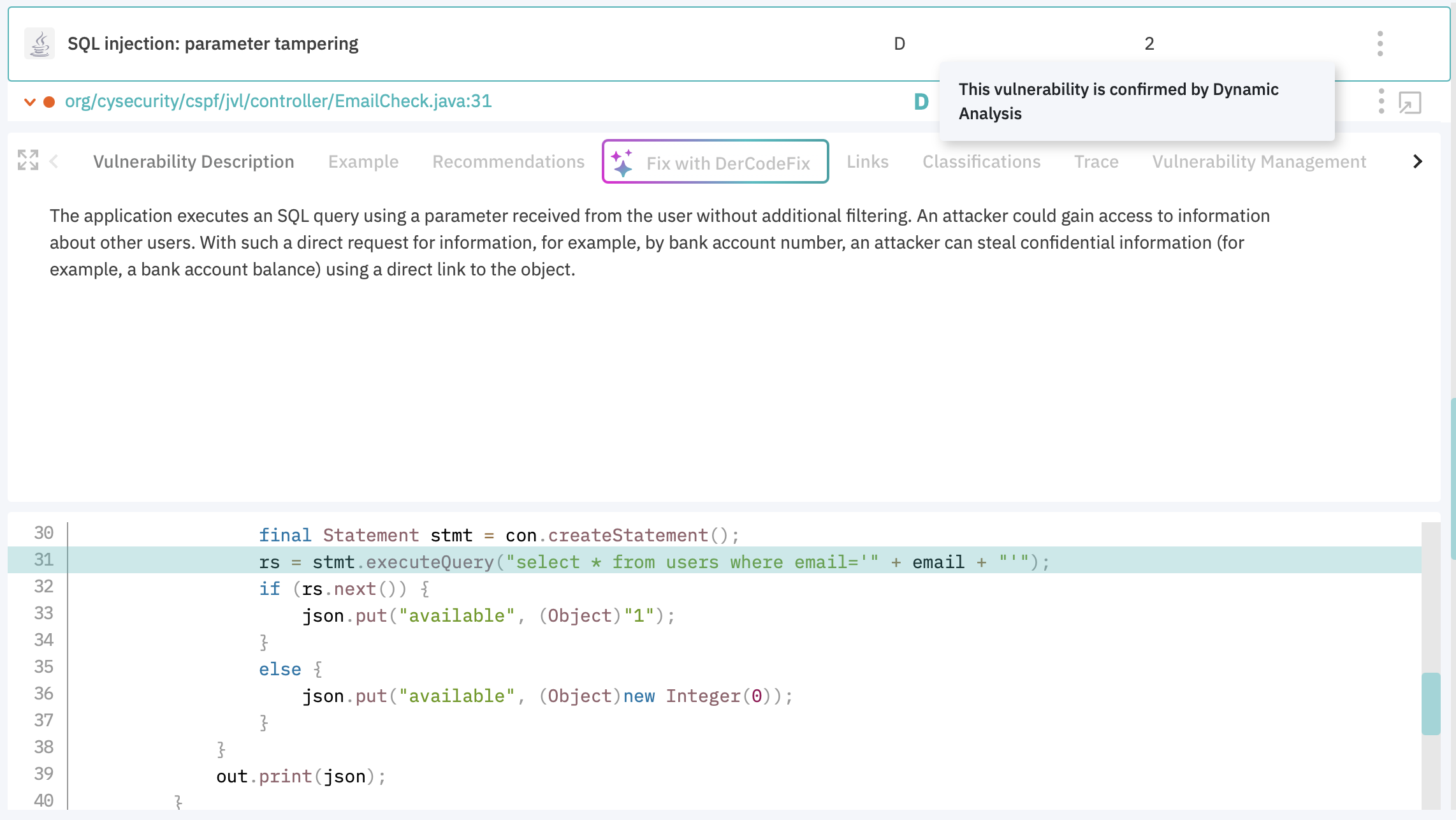 Finding card with code location and DAST mark
