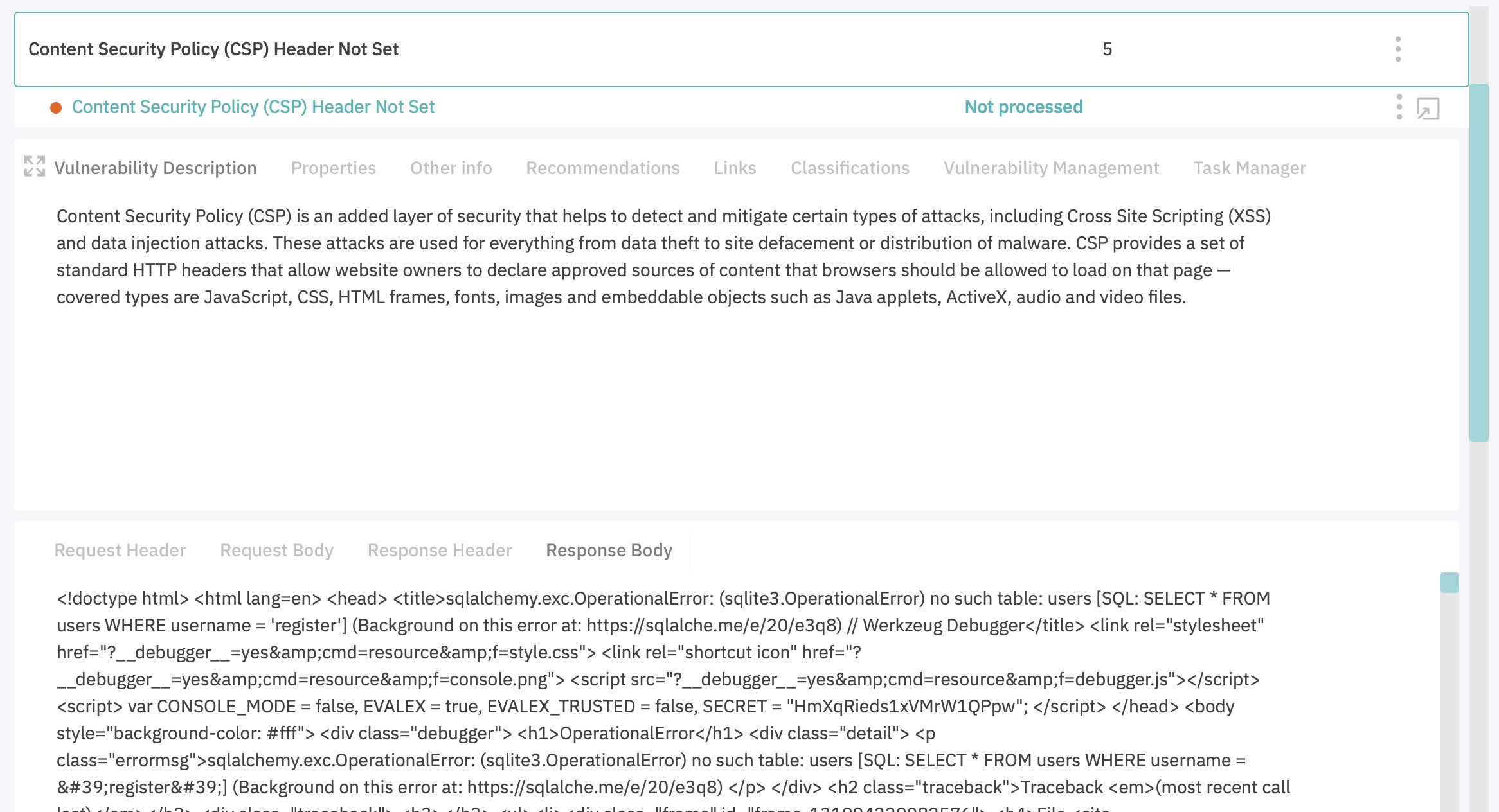Detailed Results with the request and response panel open