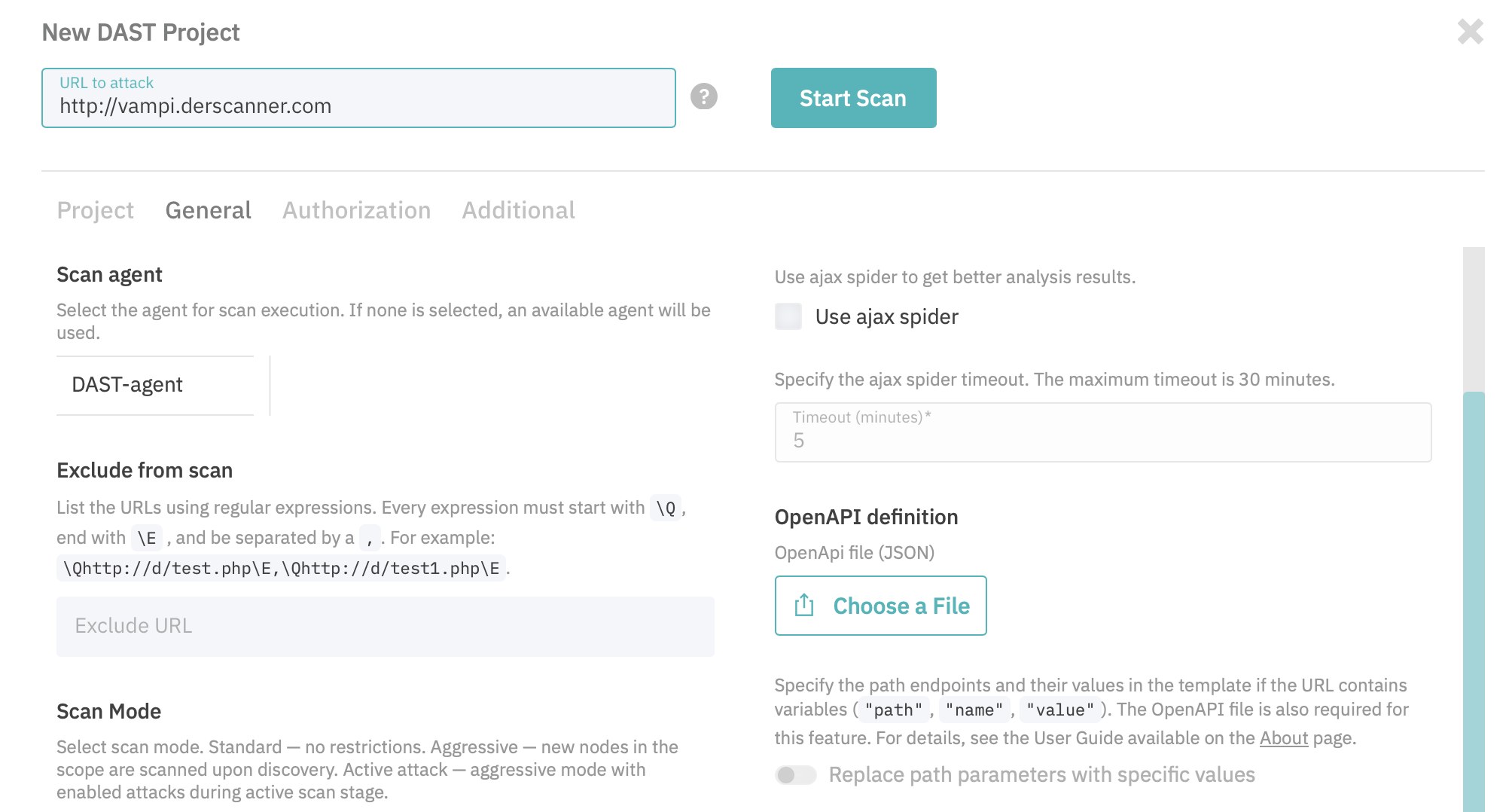 Home page, URL field and Start Scan button