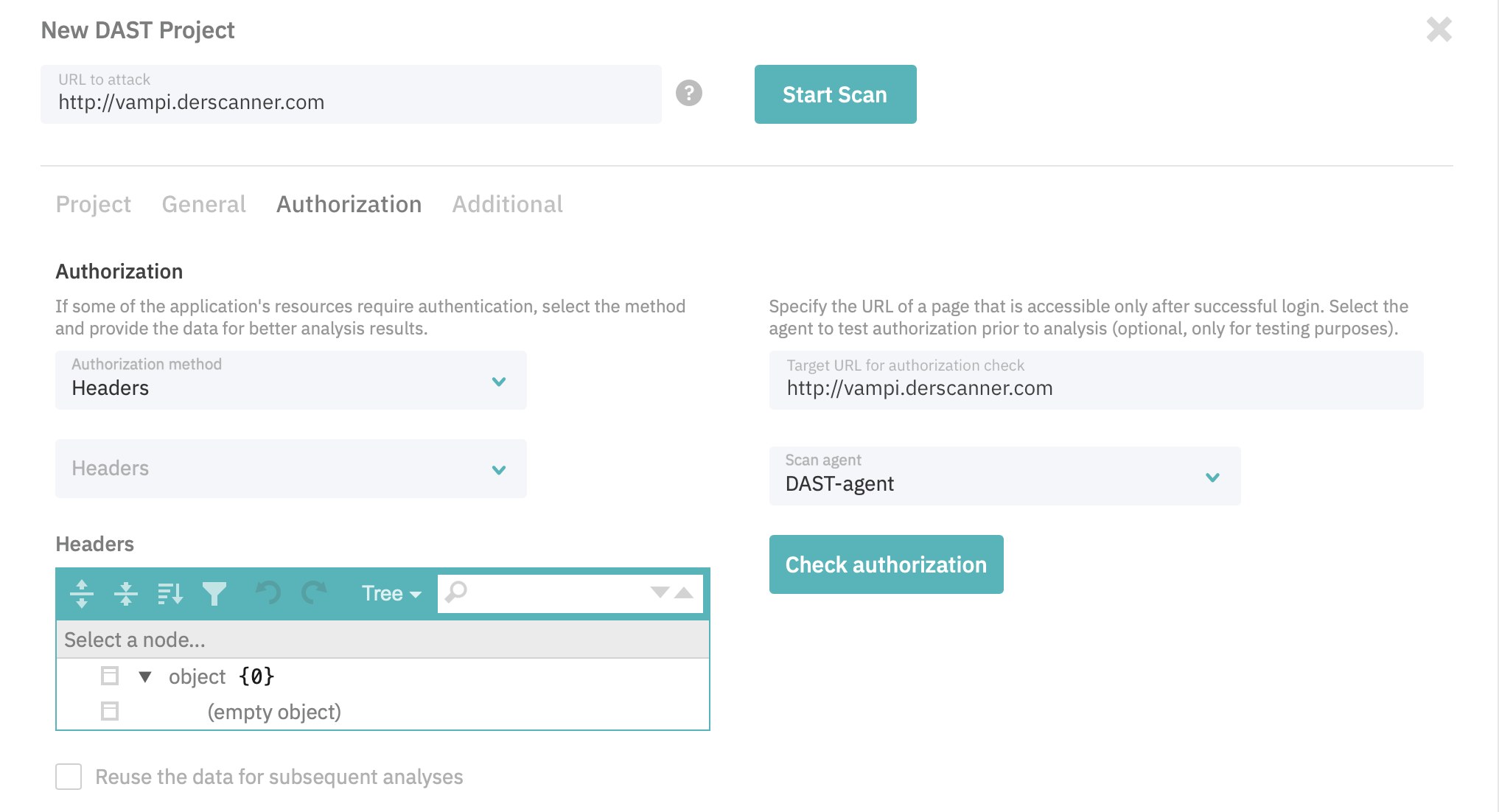 Scan Settings, Authorization tab with the method list open