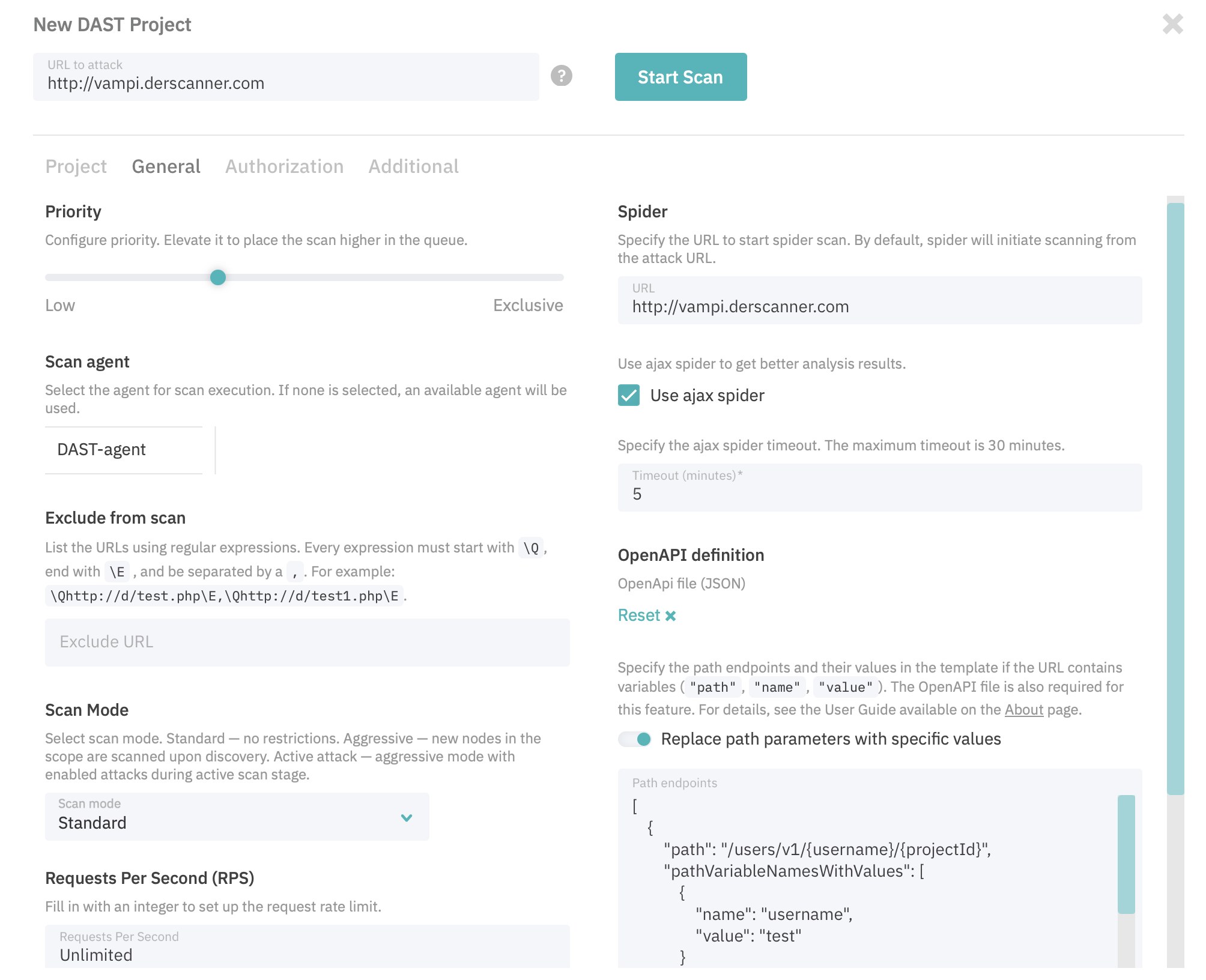 Scan Settings, General tab: AJAX spider toggle and OpenAPI URL field